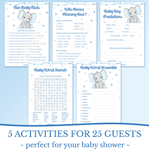 Baby Shower Games for Boys - Set of 5 Activities for 25 Guests - Double Sided Cards - Elephant