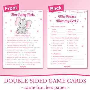 Baby Shower Games for Girls - Set of 5 Activities for 50 Guests - Double Sided Cards - Elephant