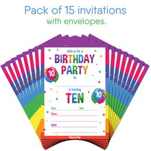 10 Year Old Birthday Party Invitations with Envelopes (15 Count) - Kids Birthday Invitations for Boys or Girls - Rainbow