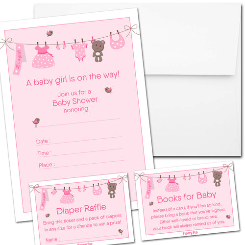 Set of 25 Baby Girl Shower Invitations with Envelopes + 25 Books for Baby Request Cards + 25 Diaper Raffle Tickets - Clothesline