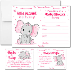 Set of 25 Baby Girl Shower Invitations with Envelopes + 25 Books for Baby Request Cards + 25 Diaper Raffle Tickets - Elephant