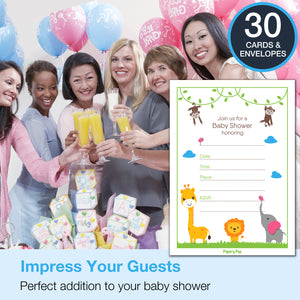 30 Baby Shower Invitations with Envelopes - Safari Jungle Animals