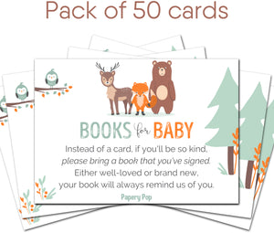 50 Books for Baby Shower Request Cards for Boy or Girl (50 Pack) - Bring a Book Instead of a Card - Woodland Animals