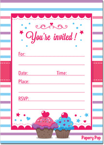 30 Invitations with Envelopes - Any Occasions - Cupcake Theme - Girl's Birthday Party