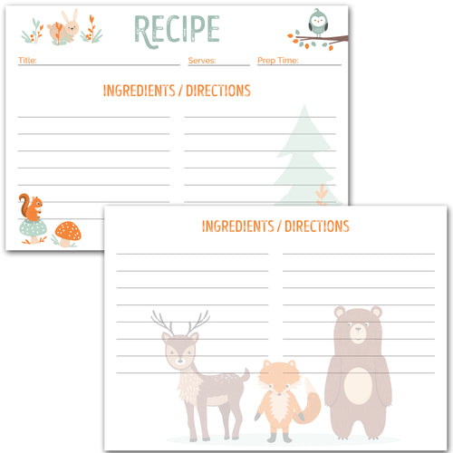 50 Recipe Cards - Woodland Animals