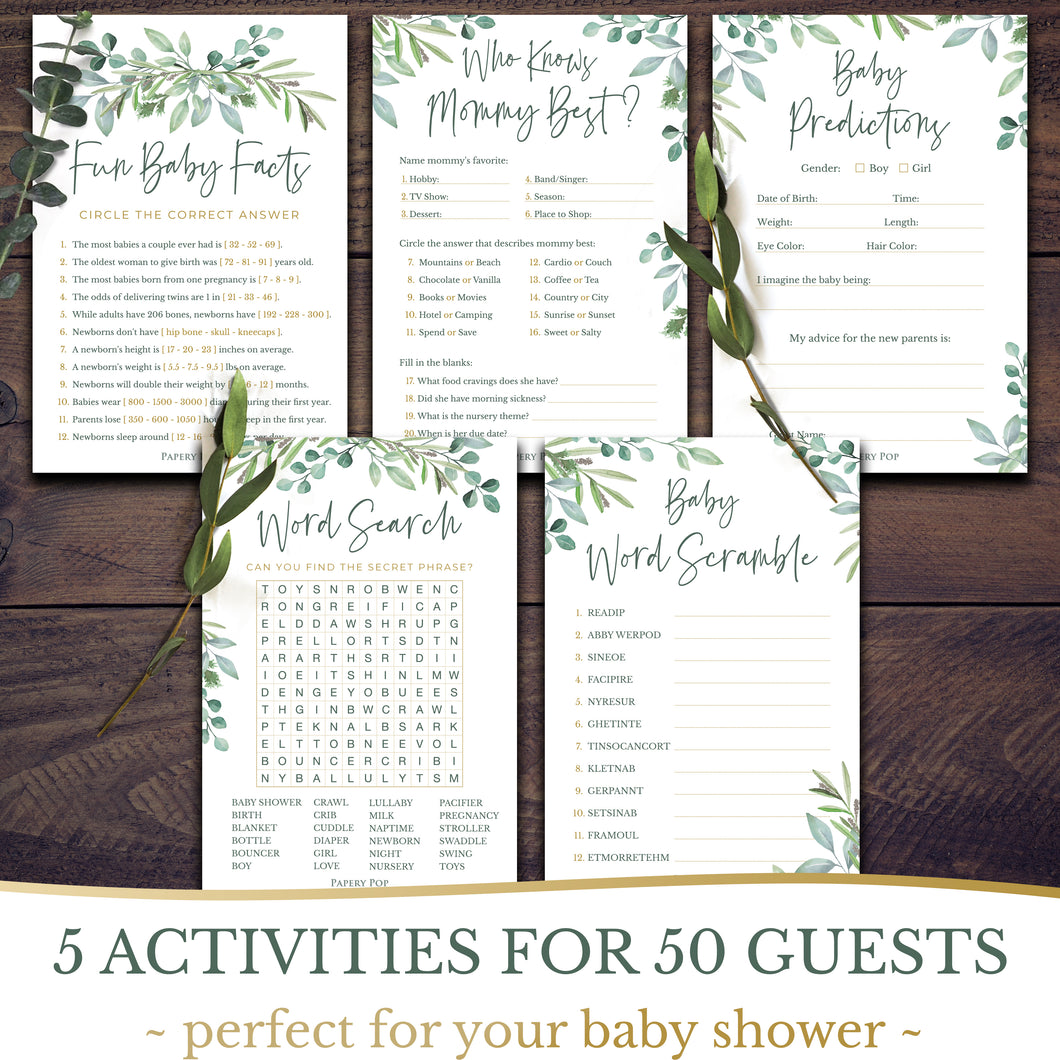 Baby Shower Games for Boys or Girls - Set of 5 Activities for 50 Guests - Double Sided Cards - Eucalyptus