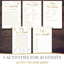 Baby Shower Games for Boys or Girls - Set of 5 Activities for 50 Guests - Double Sided Cards - Gold Night Stars