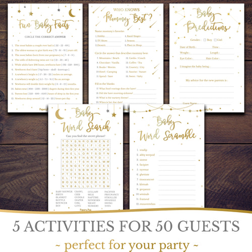 Baby Shower Games for Boys or Girls - Set of 5 Activities for 50 Guests - Double Sided Cards - Gold Night Stars
