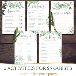 Bridal Shower Games - Set of 5 Activities for 25 Guests - Double Sided Cards - Wedding Shower Games - Eucalyptus