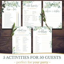 Bridal Shower Games - Set of 5 Activities for 50 Guests - Double Sided Cards - Wedding Shower Games - Eucalyptus