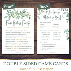 Baby Shower Games for Boys or Girls - Set of 5 Activities for 50 Guests - Double Sided Cards - Eucalyptus