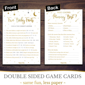 Baby Shower Games for Boys or Girls - Set of 5 Activities for 25 Guests - Double Sided Cards - Gold Night Stars