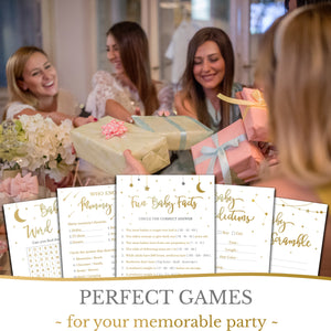 Baby Shower Games for Boys or Girls - Set of 5 Activities for 25 Guests - Double Sided Cards - Gold Night Stars