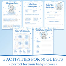 Baby Shower Games for Boys - Set of 5 Activities for 50 Guests - Double Sided Cards - Elephant