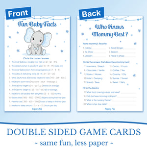 Baby Shower Games for Boys - Set of 5 Activities for 50 Guests - Double Sided Cards - Elephant