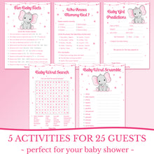 Baby Shower Games for Girls - Set of 5 Activities for 25 Guests - Double Sided Cards - Elephant