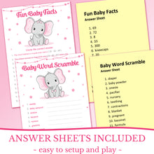 Baby Shower Games for Girls - Set of 5 Activities for 50 Guests - Double Sided Cards - Elephant