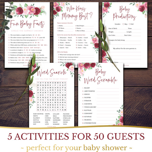 Baby Shower Games for Boys or Girls - Set of 5 Activities for 50 Guests - Double Sided Cards - Rose Gold