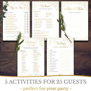 Bridal Shower Games - Set of 5 Activities for 25 Guests - Double Sided Cards - Wedding Shower Games - Gold Polka Dots