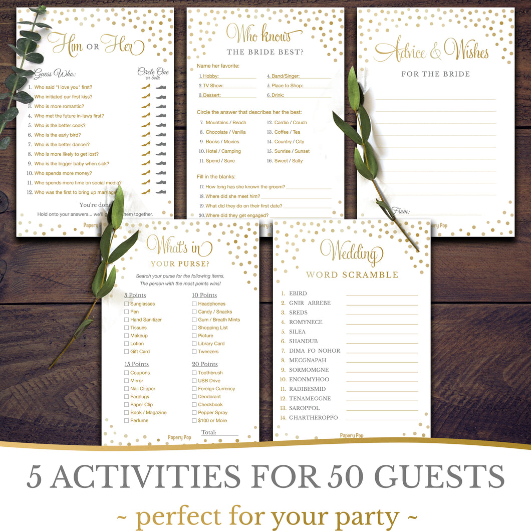 Bridal Shower Games - Set of 5 Activities for 50 Guests - Double Sided Cards - Wedding Shower Games - Gold Polka Dots