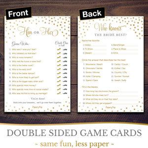 Bridal Shower Games - Set of 5 Activities for 50 Guests - Double Sided Cards - Wedding Shower Games - Gold Polka Dots
