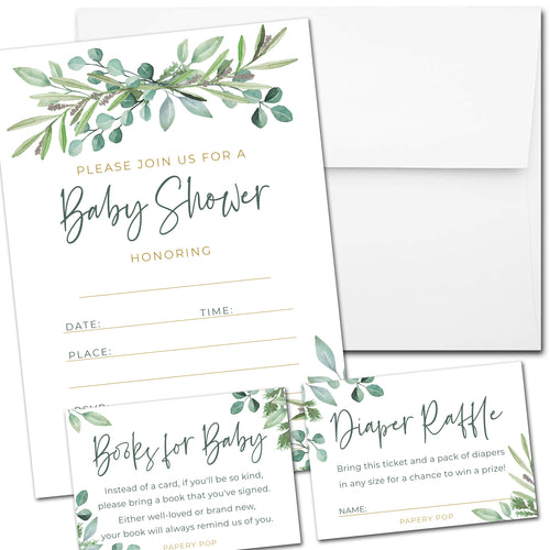 Set of 25 Baby Girl Shower Invitations with Envelopes + 25 Books for Baby Request Cards + 25 Diaper Raffle Tickets - Eucalyptus