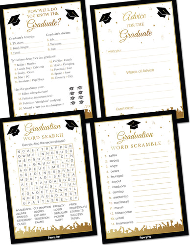Graduation Party Games - 4 Activities for 30 Guests - Double Sided Cards