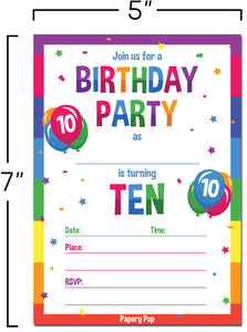 10 Year Old Birthday Party Invitations with Envelopes (15 Count) - Kids Birthday Invitations for Boys or Girls - Rainbow