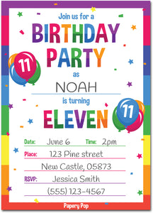 11 Year Old Birthday Party Invitations with Envelopes (15 Count) - Kids Birthday Invitations for Boys or Girls - Rainbow