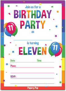 11 Year Old Birthday Party Invitations with Envelopes (15 Count) - Kids Birthday Invitations for Boys or Girls - Rainbow
