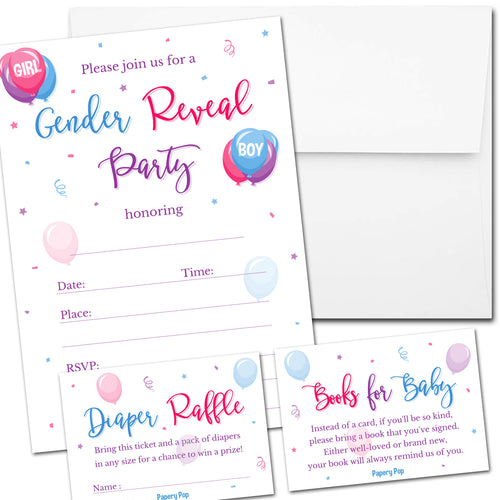 Set of 25 Gender Reveal Party Invitations with Envelopes + 25 Books for Baby Request Cards + 25 Diaper Raffle Tickets - Balloons