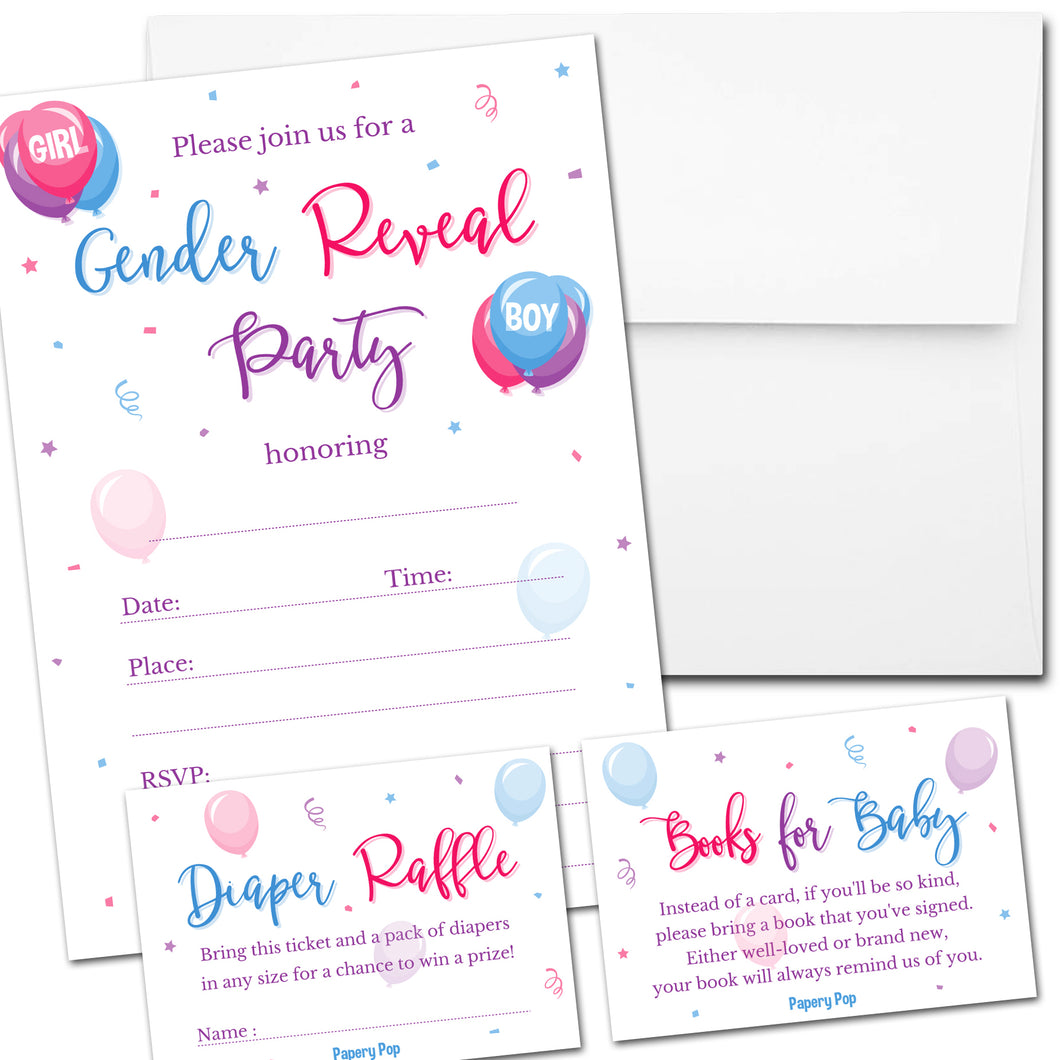 Set of 25 Gender Reveal Party Invitations with Envelopes + 25 Books for Baby Request Cards + 25 Diaper Raffle Tickets - Balloons