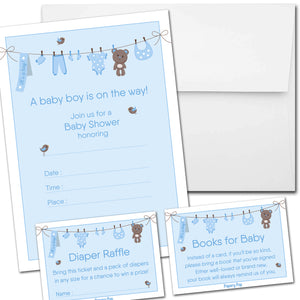 Set of 25 Baby Boy Shower Invitations with Envelopes + 25 Books for Baby Request Cards + 25 Diaper Raffle Tickets - Clothesline