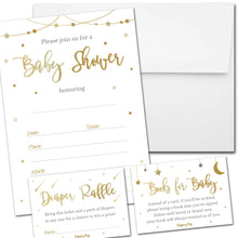 Set of 25 Baby Girl Shower Invitations with Envelopes + 25 Books for Baby Request Cards + 25 Diaper Raffle Tickets - Night Stars