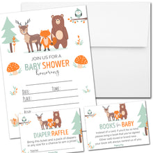 Set of 25 Baby Shower Invitations with Envelopes + 25 Books for Baby Request Cards + 25 Diaper Raffle Tickets - Woodland