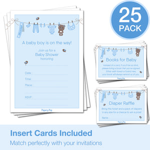 Set of 25 Baby Boy Shower Invitations with Envelopes + 25 Books for Baby Request Cards + 25 Diaper Raffle Tickets - Clothesline