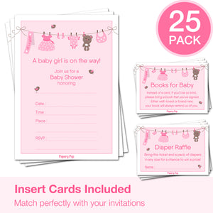 Set of 25 Baby Girl Shower Invitations with Envelopes + 25 Books for Baby Request Cards + 25 Diaper Raffle Tickets - Clothesline