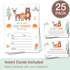 Set of 25 Baby Shower Invitations with Envelopes + 25 Books for Baby Request Cards + 25 Diaper Raffle Tickets - Woodland