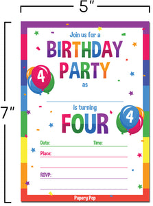 4 Year Old Birthday Party Invitations with Envelopes (15 Count) - Kids Birthday Invitations for Boys or Girls - Rainbow