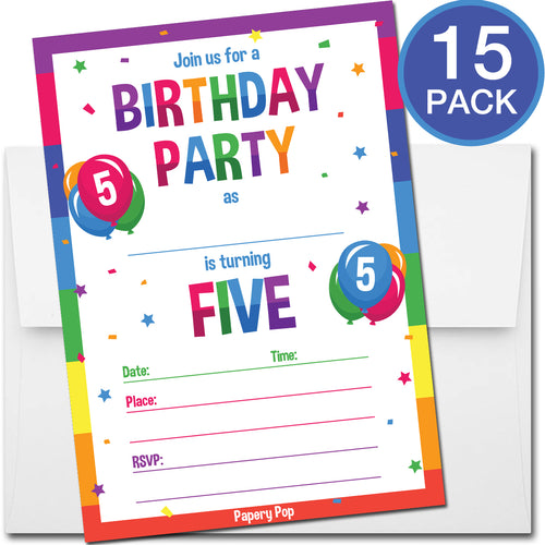 5 Year Old Birthday Party Invitations with Envelopes (15 Count) - Kids Birthday Invitations for Boys or Girls - Rainbow