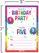 5 Year Old Birthday Party Invitations with Envelopes (15 Count) - Kids Birthday Invitations for Boys or Girls - Rainbow