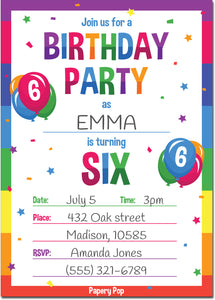 6 Year Old Birthday Party Invitations with Envelopes (15 Count) - Kids Birthday Invitations for Boys or Girls - Rainbow