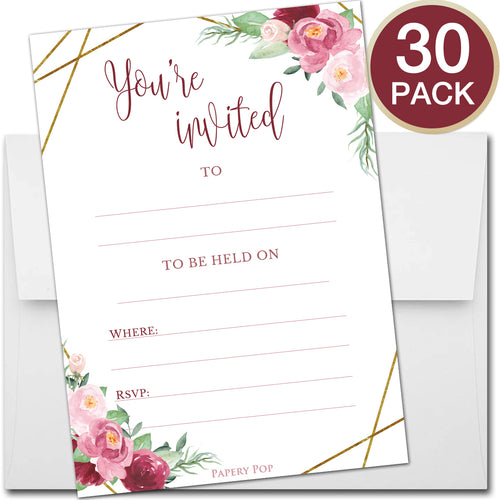 30 Invitations with Envelopes - Any Occasions - Bridal Shower, Wedding Shower, Bachelorette Party, Birthday Party - Rose Gold