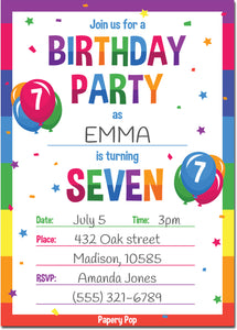 7 Year Old Birthday Party Invitations with Envelopes (15 Count) - Kids Birthday Invitations for Boys or Girls - Rainbow