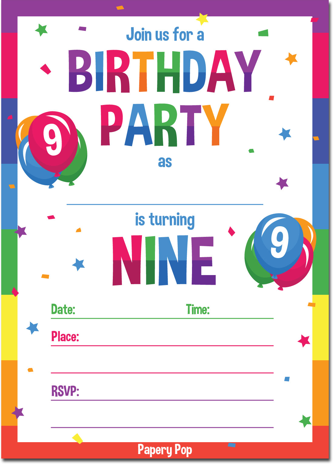 9 Year Old Birthday Party Invitations with Envelopes (15 Count) - Kids –  Papery Pop