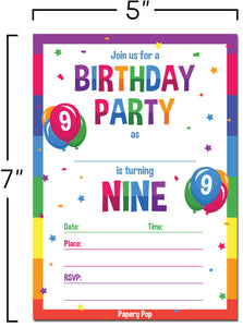9 Year Old Birthday Party Invitations with Envelopes (15 Count) - Kids Birthday Invitations for Boys or Girls - Rainbow