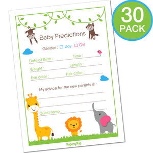 30 Baby Shower Prediction and Advice Cards, Boy or Girl - Safari Jungle Zoo Animals