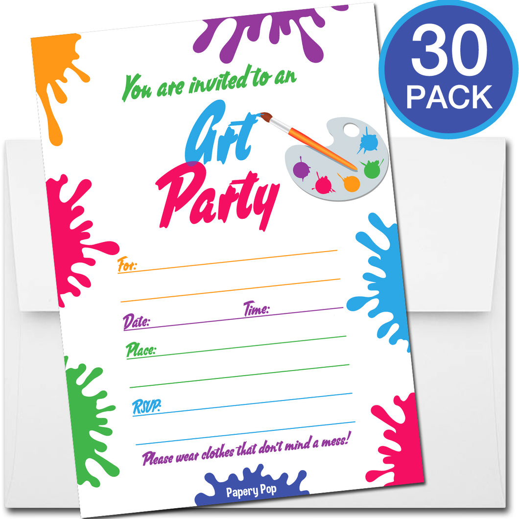 30 Art Party Invitations with Envelopes - Kids Birthday Party Invitations for Boys or Girls
