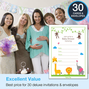 30 Baby Shower Invitations with Envelopes - Safari Jungle Animals