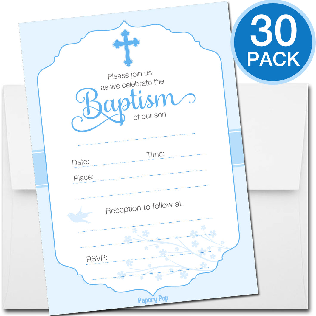 30 Baptism Invitations for Boys (with Envelopes) - Fill In Style